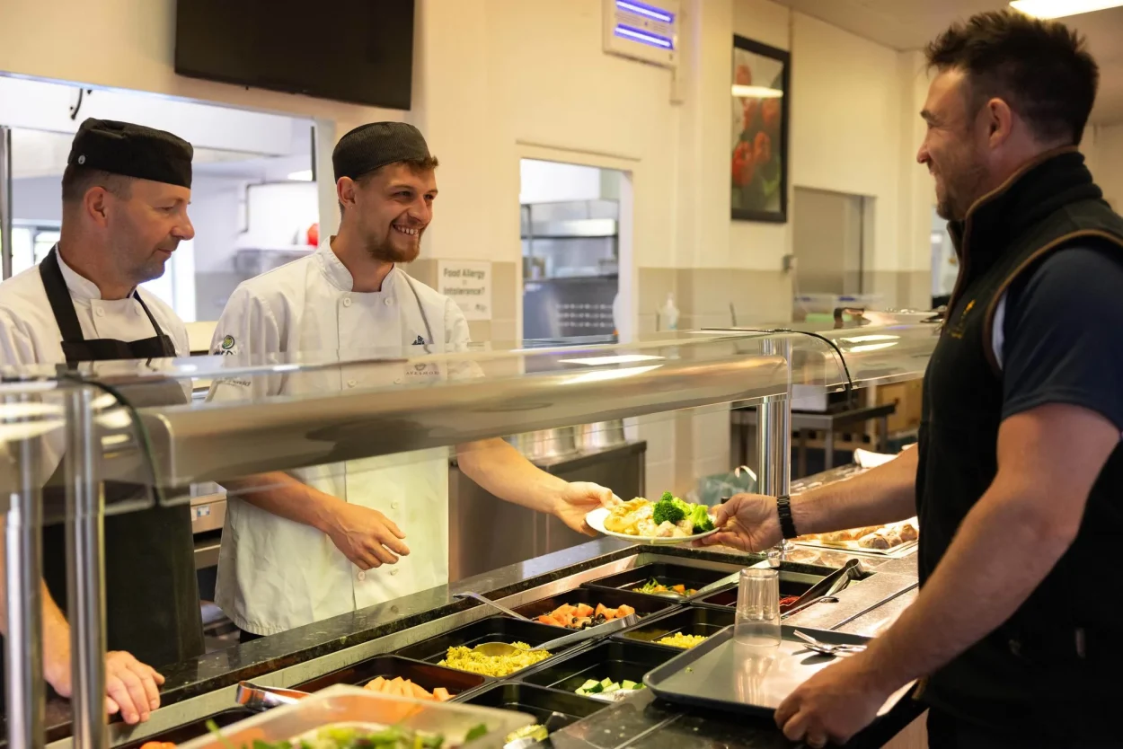 Catering staff at the servery