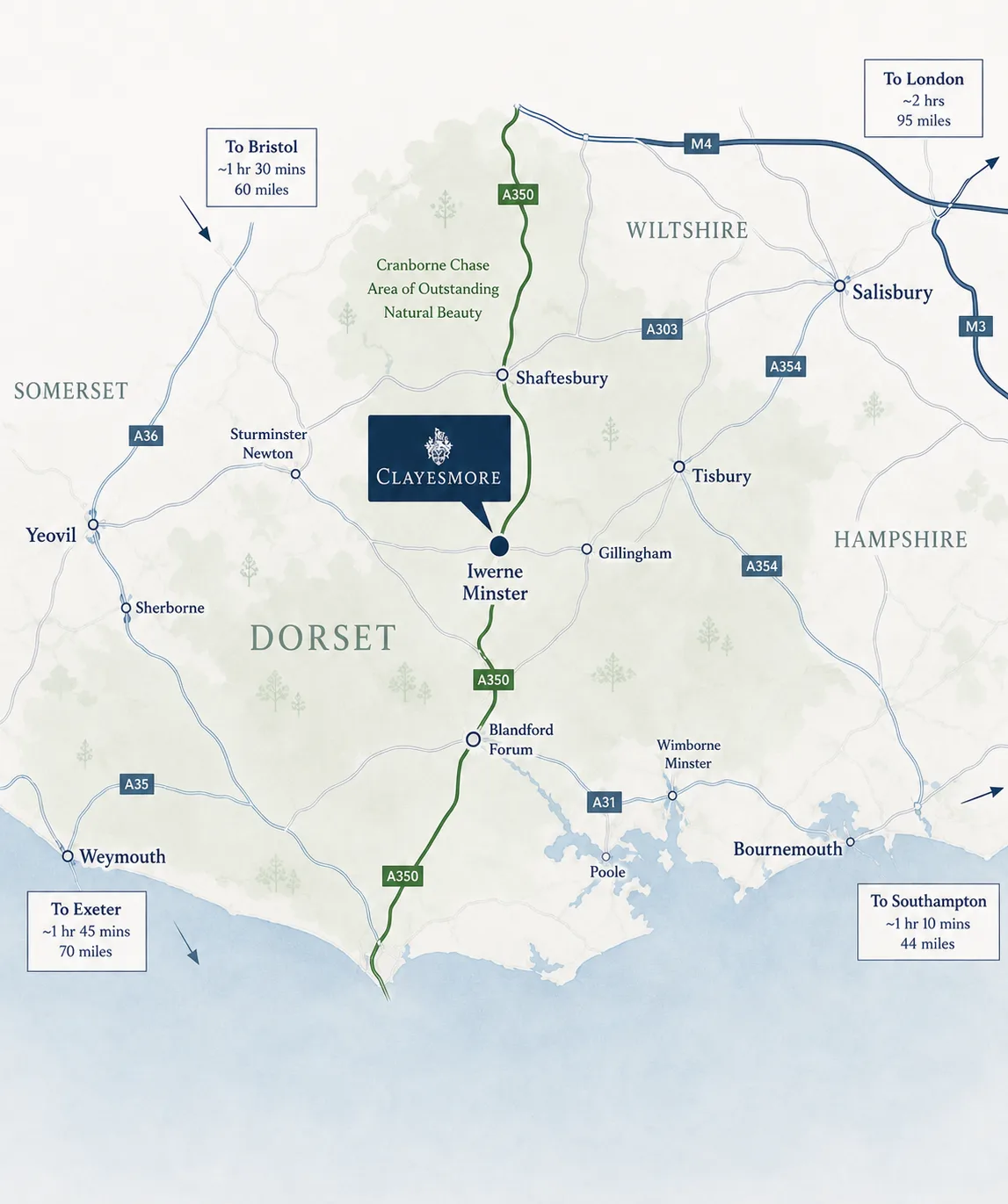 Map of the area around Clayesmore School, Iwerne Minster, Dorset, showing the main roads and approximate journey times to London, Bristol, Exeter and Southampton